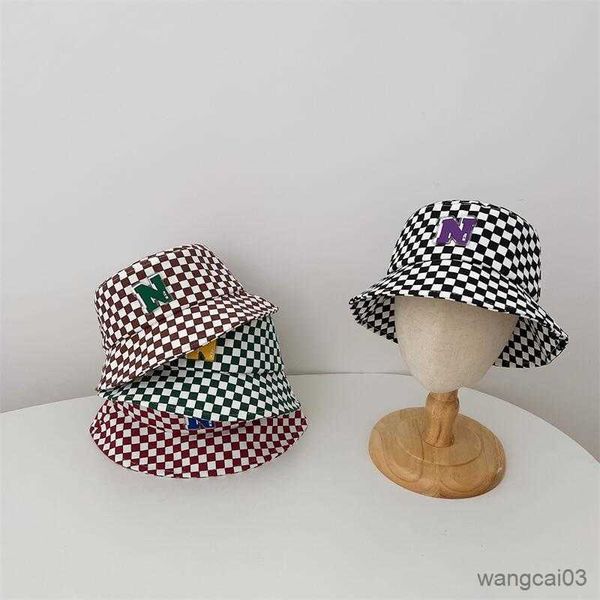 

caps hats autumn baby hats spring summer kids boys girls sun hats plaid letter pattern fisherman hat children bucket caps, Yellow
