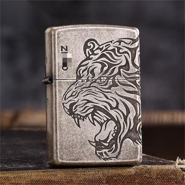 

zipo lighter genuine u.s. original genuine antique silver etching dominant tiger head personalized custom men's gifts