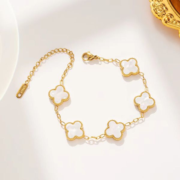 

designer jewelry four leaf clover charm bracelets bangle chain 18k gold agate shell mother of pearl for women girl wedding mother' day, Golden;silver