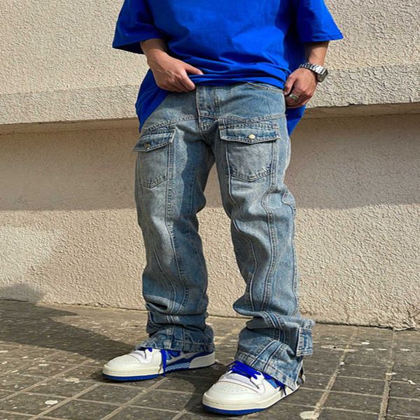 

men's jeans new trendy large poets men's denim cargo pants streetwear skateboard fashion designer spliced slit full leng baggy jea, Blue