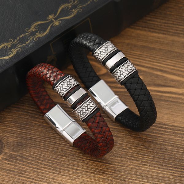 

retro men style black brown leather bracelet jewelry for gift, Golden;silver