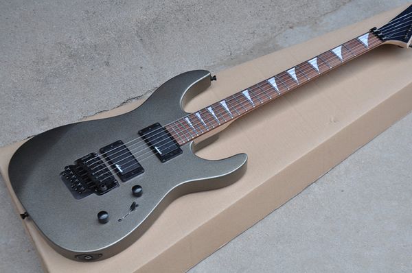 

gray body electric guitar with rosewood fingerboard, black hardware, acti