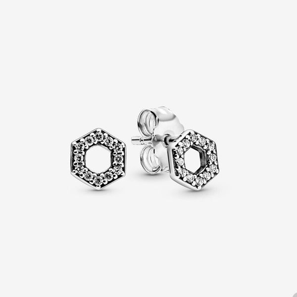 

sparkling hexagon stud earrings for pandora authentic sterling silver wedding party jewelry designer earrings for women crystal diamond earr, Golden;silver