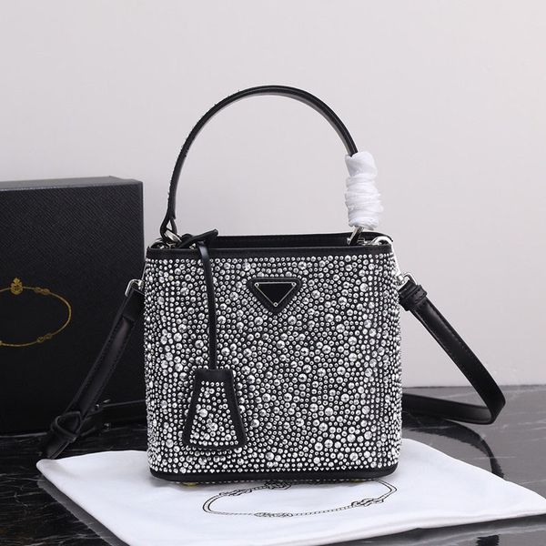 

imitation crystal embellished satin shoulder bags women designer bucket handbag