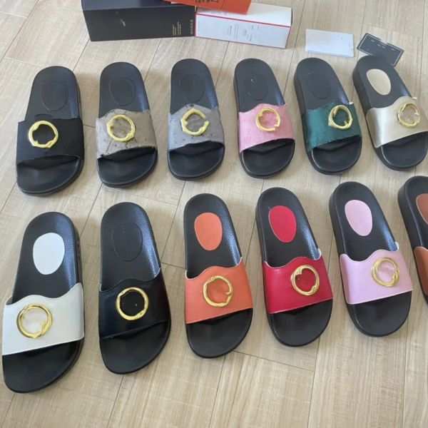 

designer slippers women sandals men slides blondie slippers flat sandals leather mules rubber shoes metal buckle sandal summer beach flip fl, Black