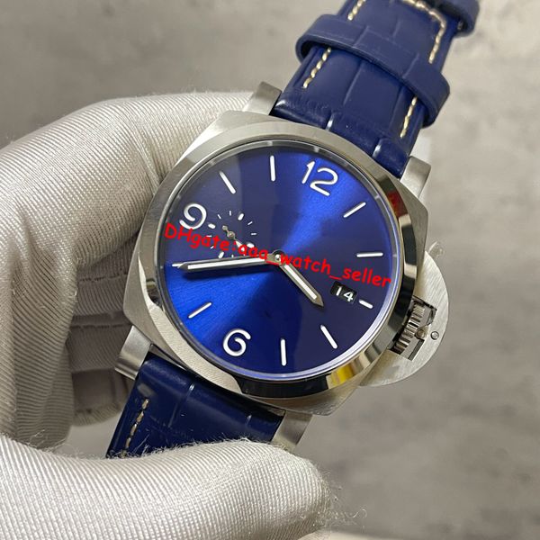

v7 factory luxury mens watches 44mm blue dial sliver case mechanical automatic movement leather strap transparent back sapphire luminous men, Slivery;brown