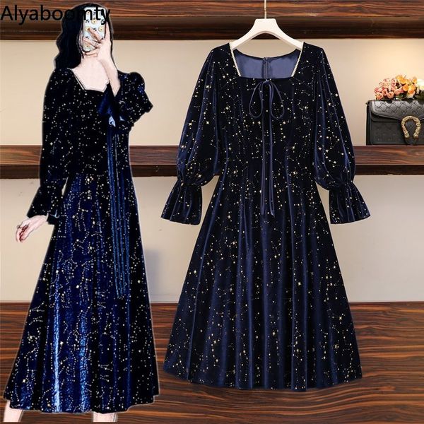 

autumn winter women velvet long dress square collar navy blue sequined stars ribbon dress flare sleeve elegant party midi, Black;gray