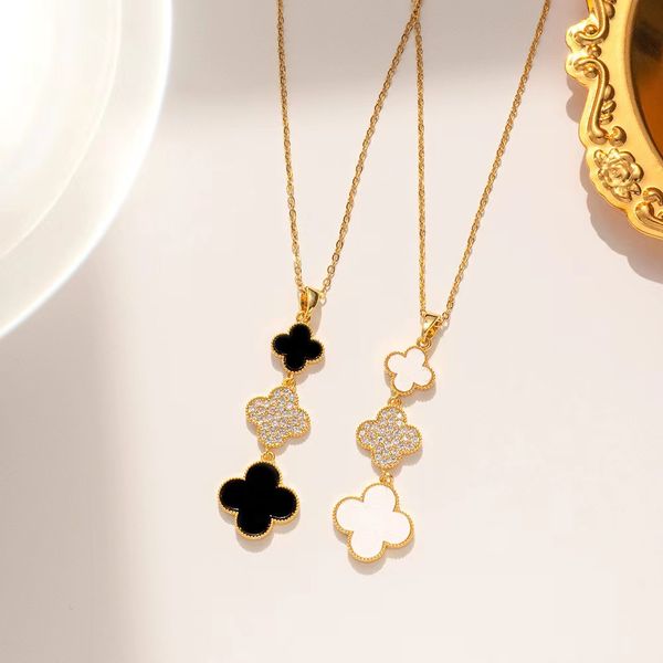 

designer jewelry black and white four-leaf clover necklace female clavicle chain light luxury pendant fashion 18k gold necklace classic girl, Silver
