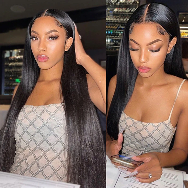 

250% brazilian bone straight human hair lace frontal wig 13x6 lace wigs for women pre plucked with baby hair 13x6 lace front wig, Black;brown