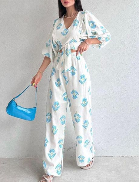 

women's set 2023 autumn new v-neck printed pants casual women's set women's two piece set, White
