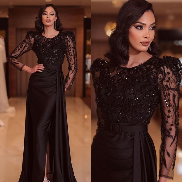 

elegant black a line evening gown jewel neck illusion long sleeves party prom dresses floor length formal long dress for special occasion, Black;red