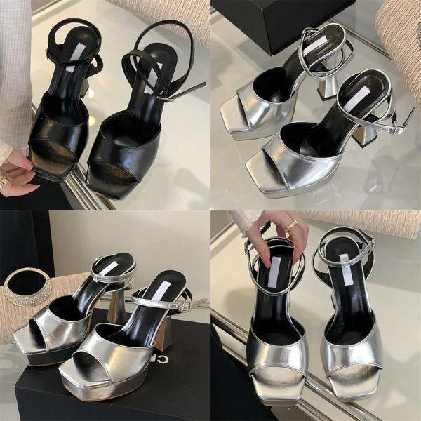 

summer sandals designer peep toe buckle strap women silver platform chunky high heels banquet catwalk shoes 230511, Black