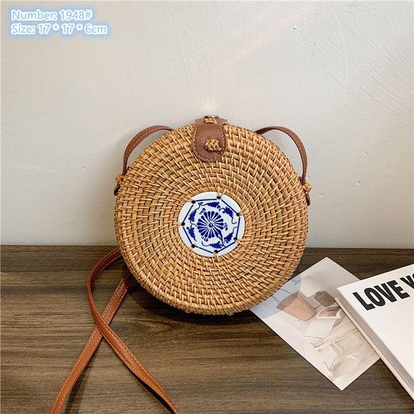 

wholesale ladies shoulder bags 2 colors outdoor travel holiday straw beach bag small fresh round hard box mobile phone coin purse street popular hollow handbag, Brown-1948#