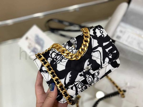 

bag black and white large gold chain soft fabric graffiti novelty shoulder women's cross-body 5a high-end quality underarm banquet coin