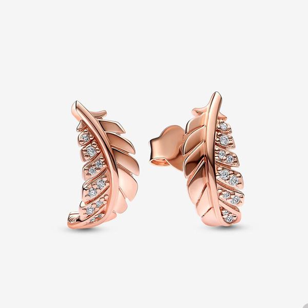 

floating curved feather stud earrings for pandora luxury 18k rose gold earring set designer jewelry for women girls crystal diamond earring, Golden;silver
