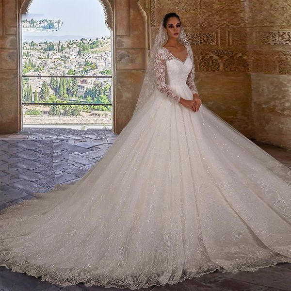 

luxurious lace bling princess wedding dress with long chapel train full sleeve wedding bridal gown v neckline ball gown dress for bride, White