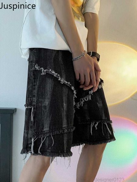 

juspinice retro wash and make old ripped denim shorts men casual loose big hole male short jeans hip hop knee length shorts y2k, White;black