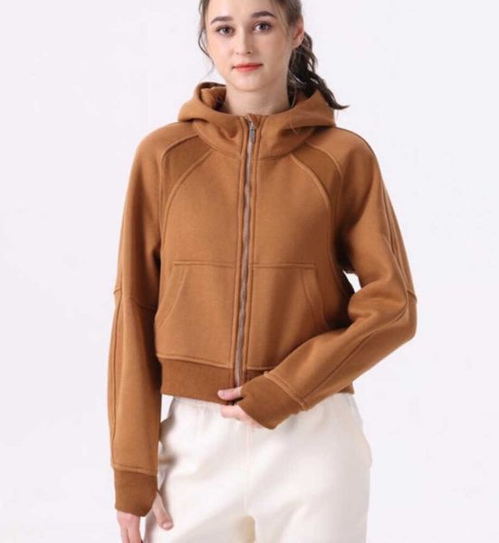 

lu-68 yoga outfits full zipper scuba hoodies women's leisure sports sweater running fitness plush thickened coat jacket wear yoga, Black
