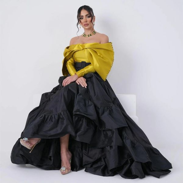 

two tone off shoulder ball gown prom dresses bright gold black long sleeve stain arabic dubai evening occasion gown