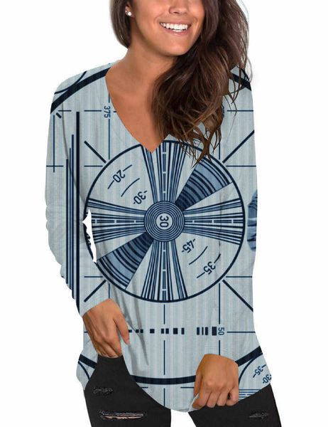 

women's summer printed v-neck long sleeved trendy women's loose long sleeved t-shirt style, White