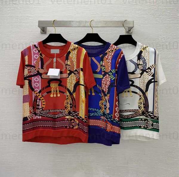 

summer womens knits designer clothes high-end custom fabrics 100% silk twill knitted fabric printed round neck short sleeve pullover design, White