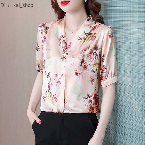 

silk shirt new summer v-neck mulberry printed short sleeve, White