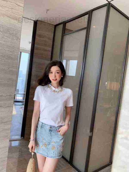 

women's t-shirt designer high end heavy industry z 3d inlaid collar decoration round neck short sleeve t-shirt omt1, White