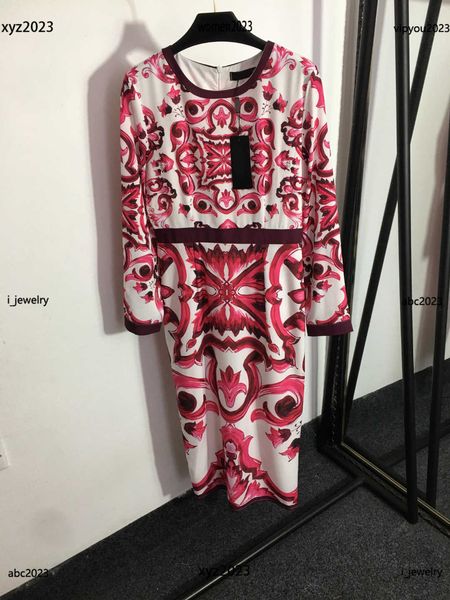

luxury designer woman dress round neck long sleeves dress frock size s-l summer vintage pattern printing skirt, Black;gray