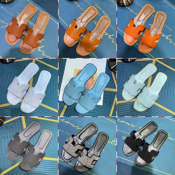 

luxury designers women flat oran slippers 32 colors genuine leather summer trendy heel slides flip flops ladies casual scuffs size 35-42 s0k, Black