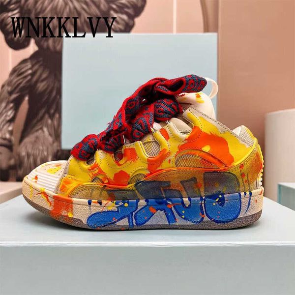 

winter round toe flat thick sole casual shoes painted graffiti colored lace-up patchwork mixed color breathable sneakers unisex