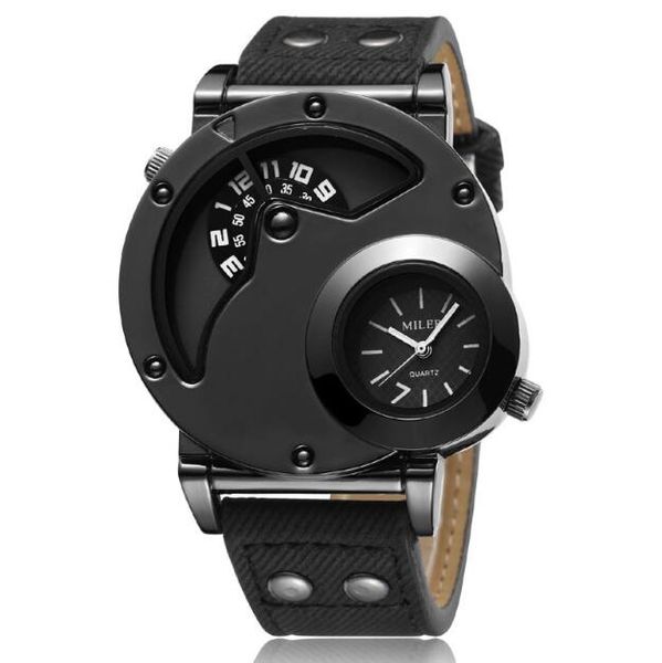 

selling fashion denim strap men's watch personality large dial dual movement canvas strap watch, Slivery;brown
