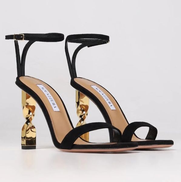 

summer aquazzura twist sandals shoes women golden twisted stilleto heels buttery-soft suede party dress wedding lady gladiator sandalias eu3, Black