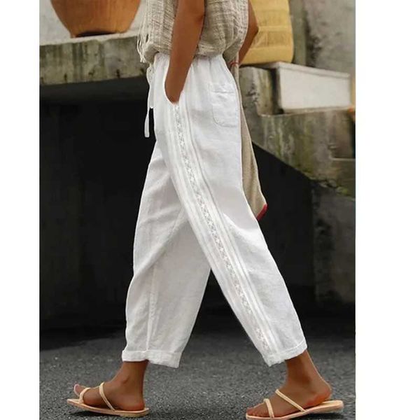 

spring women's casual pants temperament cotton and hemp commuter pants straight leg pants elastic waist, Black;white
