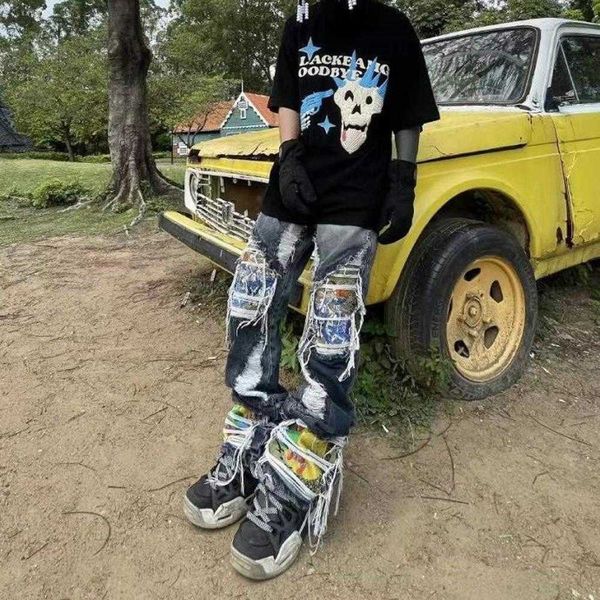 

men's clothing jeans eu united states high street destruction brushed washing heavy embroidery jeans classic design trendy brand loose, Blue
