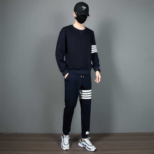 

tb casual set men's trend sweaters two-piece sports four bars and women's couple pants set7duo, Gray