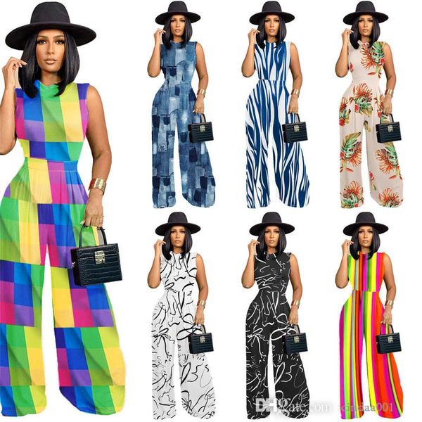 

womens clothes loose pants suit fashion pattern printed sleeveless bodysuit and wide leg trousers set, White