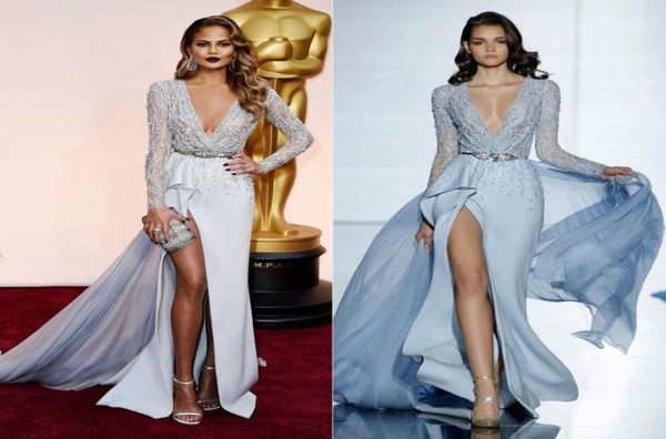 

zuhair murad 2021 highthigh slits evening dresses long sleeve major beading chrissy teigen prom special occasion gowns celebrity 2323570, Black;red