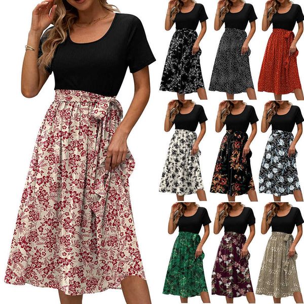 

2023 women's new round neck lace up printed short sleeve spliced casual dress clothing ladies, Black;gray