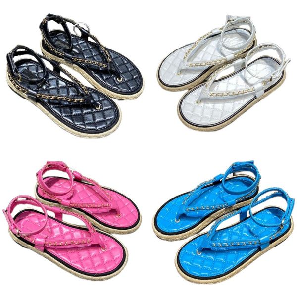 

sandals checkered women's slippers summer luxury flip flops straw bottom designer shoes flat heel beach shoes metal chain letter shoes, Black
