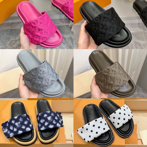 

pool pillow mules women sandals sunset flat comfort mules louise viuton louis vuitton lv padded front strap fashionable easy-to-wear style s, Black