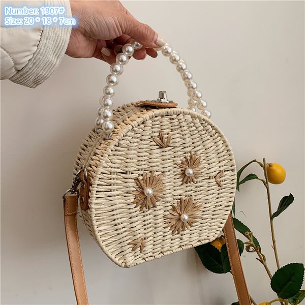 

Factory wholesale ladies shoulder bags 2 colors small and fresh finalize the design circular woven beach bag sweet beaded pearl handbag elegant embroidery handbags, Brown-1907#