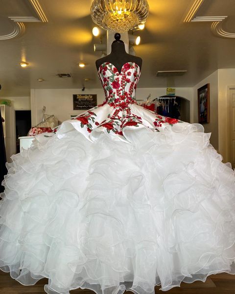 

gorgeous ball gown princess quinceanera dresses red lace floral appliques tiered ruffles corset pluffy organza prom special occasion dress s, Blue;red