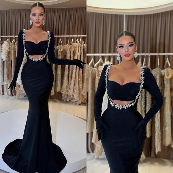

black mermaid evening gown beads floral long sleeves party prom dresses formal long dress for special occasion, Black;red