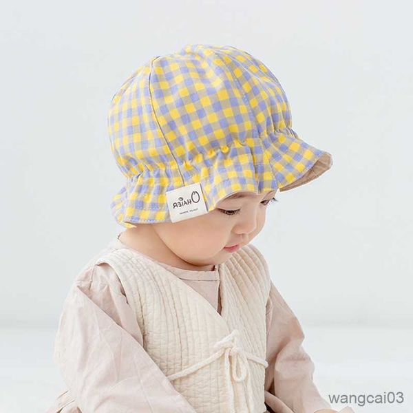 

caps hats spring summer baby beach hats cotton plaid outdoor sun hat infant kids girls boys bucket caps, Yellow