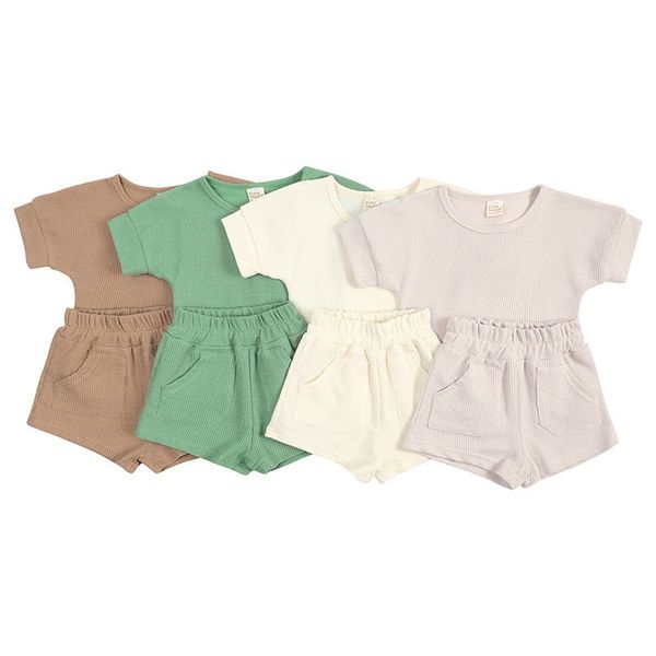 

2023 toddler baby clothing sets summer clothes cotton short sleeve t-shirt short summer clothes ribbed kids 2 piece set solid outfit, White