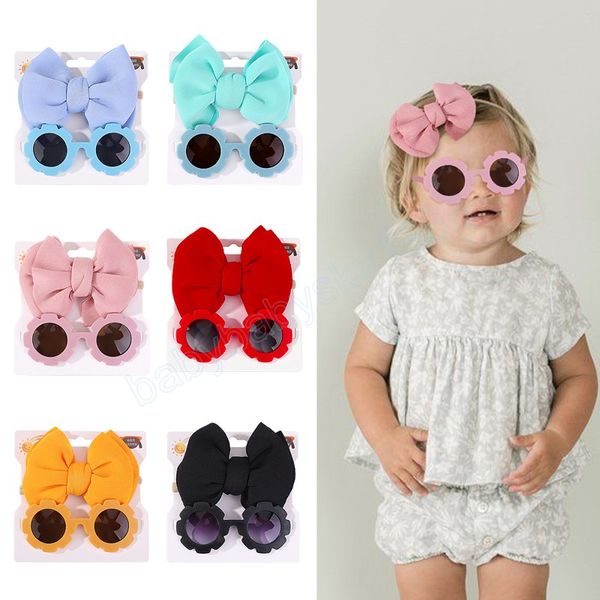 

2pcs kids bows sunglasses headband set protect baby sunglasses large hairband beach seaside glasses headwear hair accessories, Slivery;white