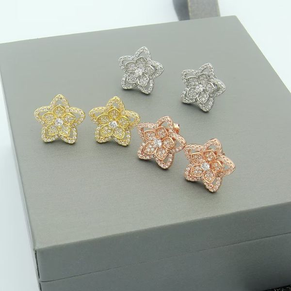 

designer double-layered small flower earrings for women in white gold with diamonds and plum blossoms, with a delicate girly touch simple an, Golden;silver