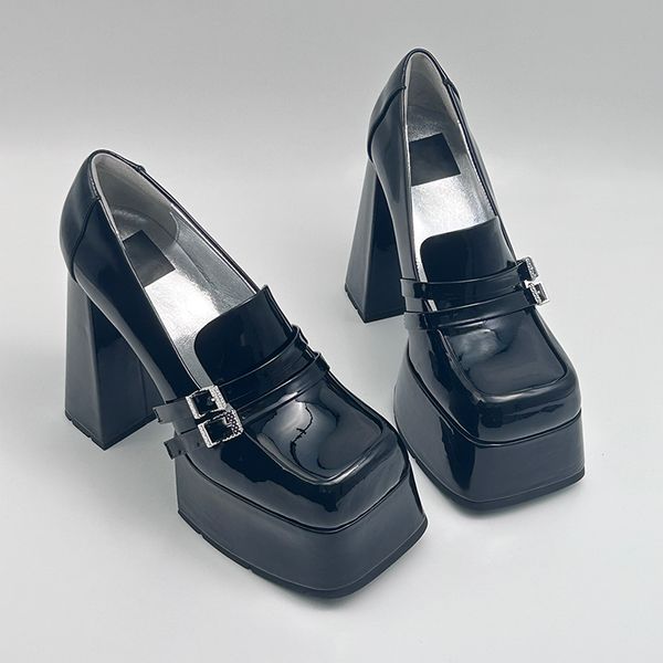 

black platform muller shoes for women fashion square toe buckle patent leather lady mary jane shoes