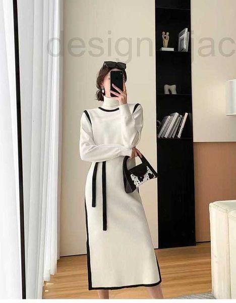 

basic & casual dresses designer early autumn thin celebrity style black white contrast medium high neck knitted dress g2pk, Black;gray