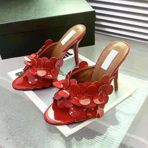 

womens petal decoration stiletto heel sandal 10.5cm patent red flowers embellished slide slippers on mules luxury designer fashion dress sho, Black